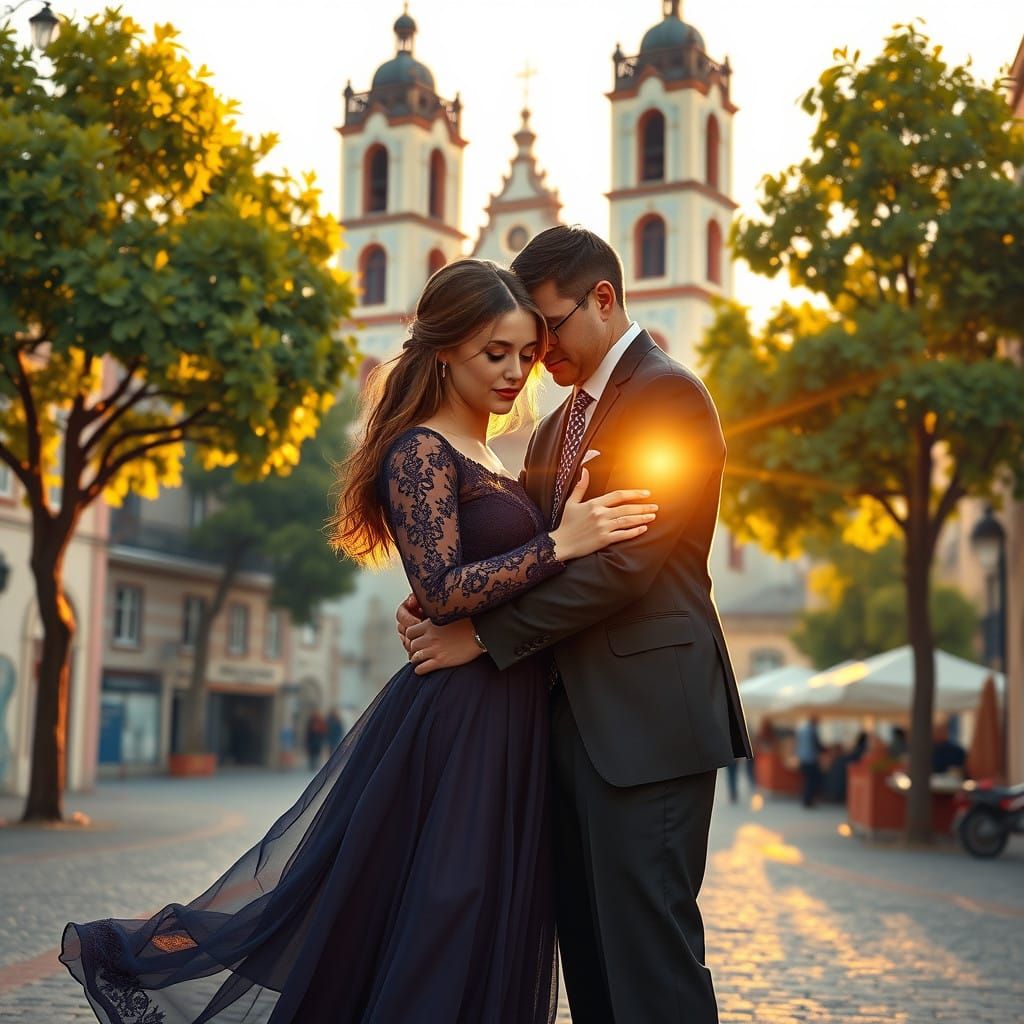 Romantic Couple Embracing in Quaint Town Square