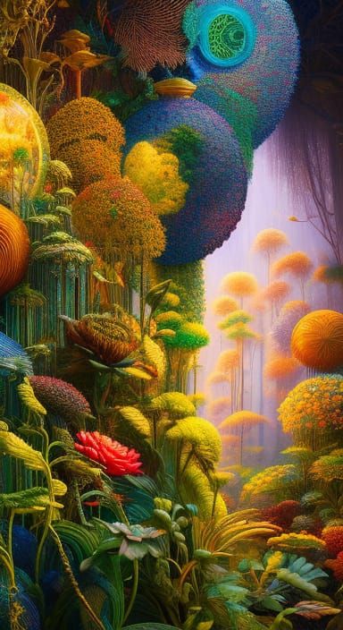 Hypnotic Mycelium Network in Warped Forest Perspective