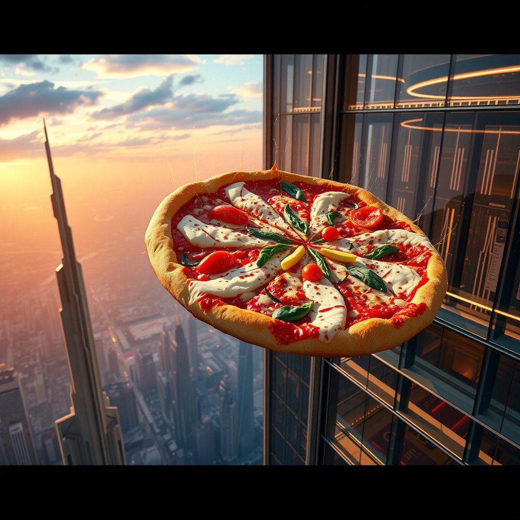 Giant Pizza Plummets from Futuristic Skyscraper