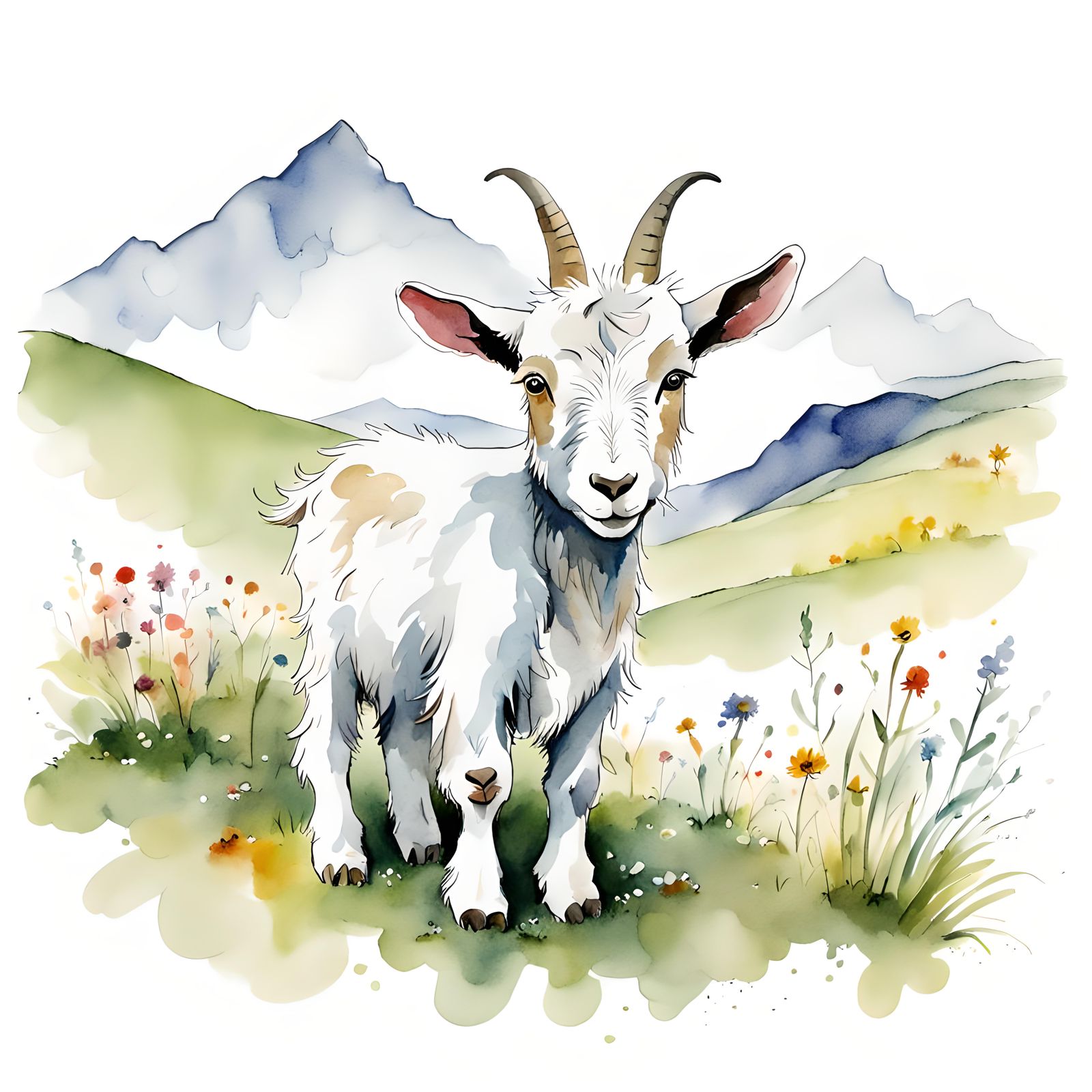 Chibi Goat Illustration in Watercolor Style
