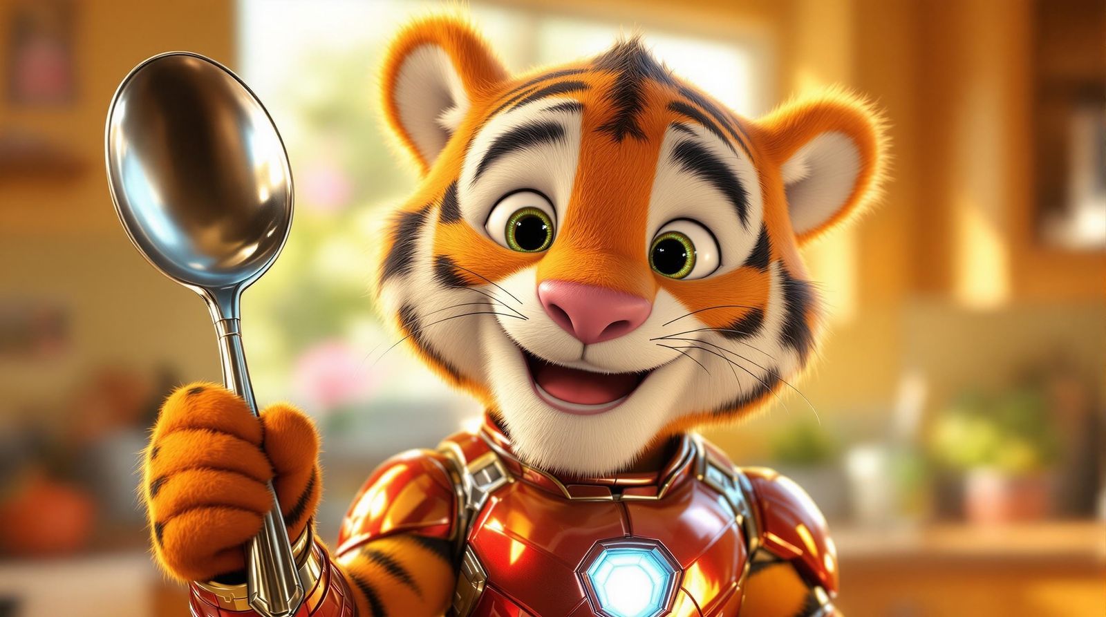 Tony the Tiger in Iron Man Costume Holding Spoon