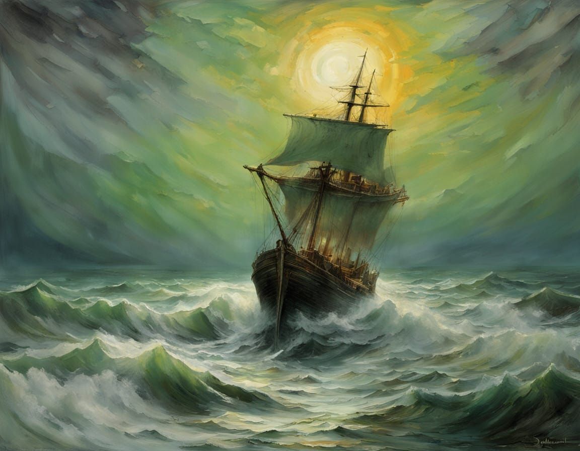 Ethereal Post-Impressionist Ghost Ship on a Misty Sea