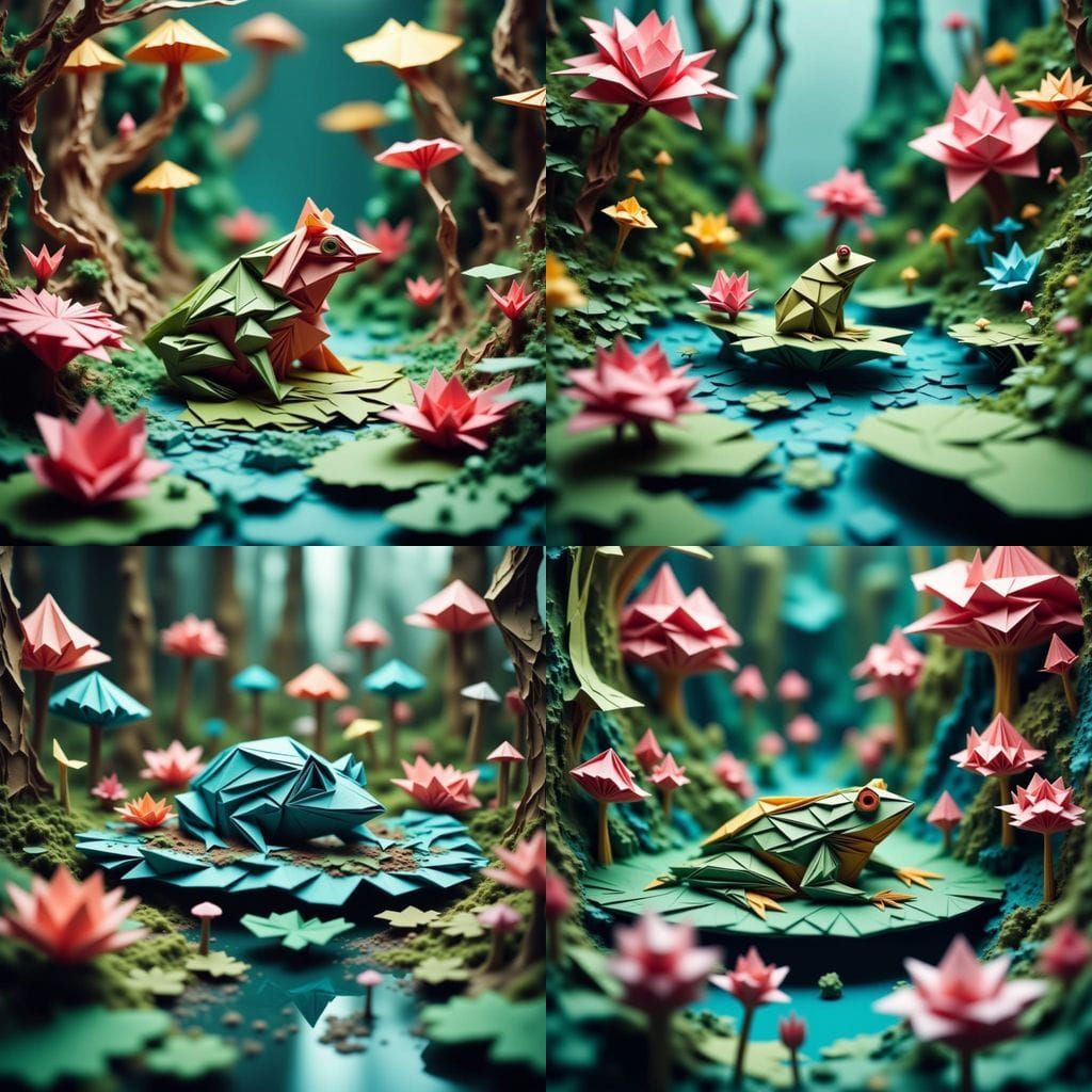 Origami Frog in a Vibrant Paper Pond Scene