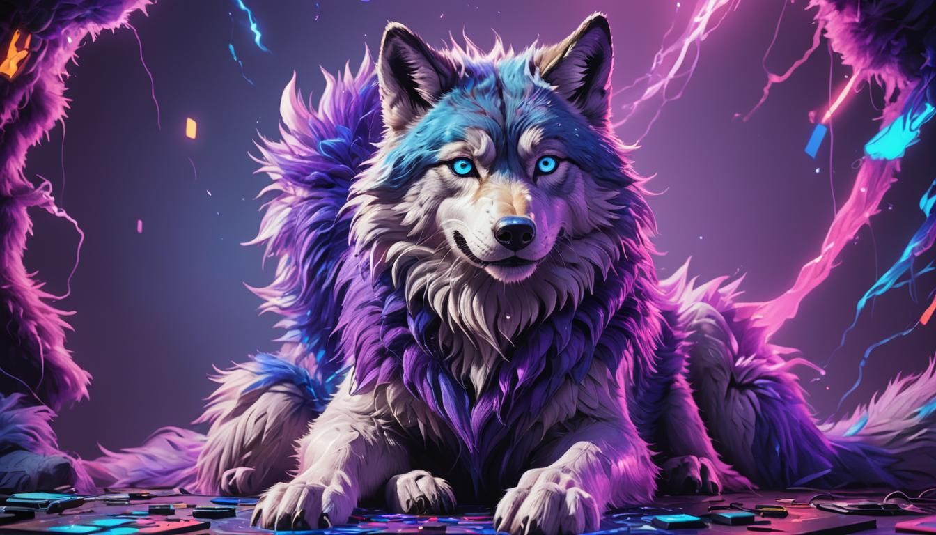 Cyberpunk Wolf Gamer with Neon Lights