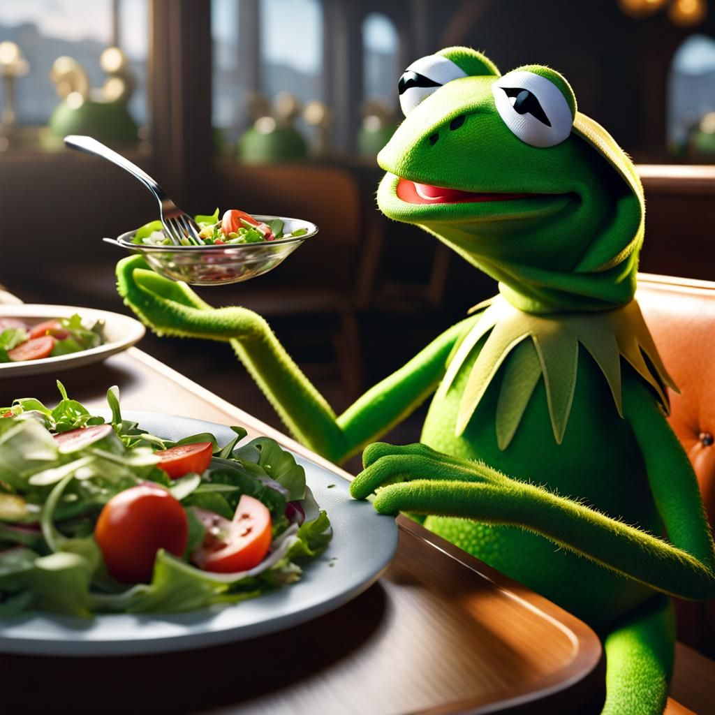 Kermit the Frog Eating Salad: 8K Hyperrealism