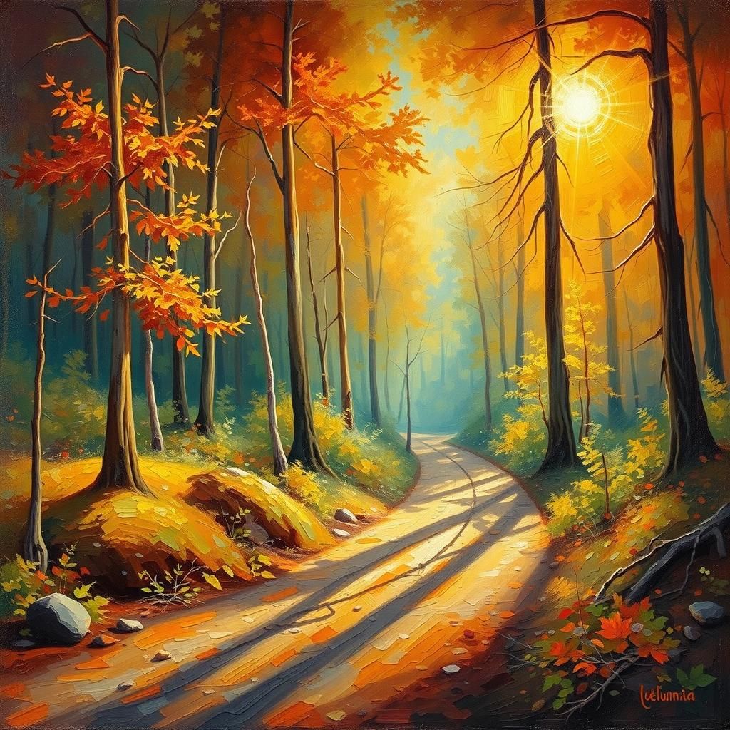 Autumnal Forest Path in Impasto Style