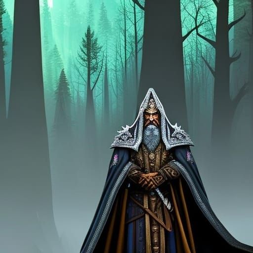 Old wizard walking in the forest.