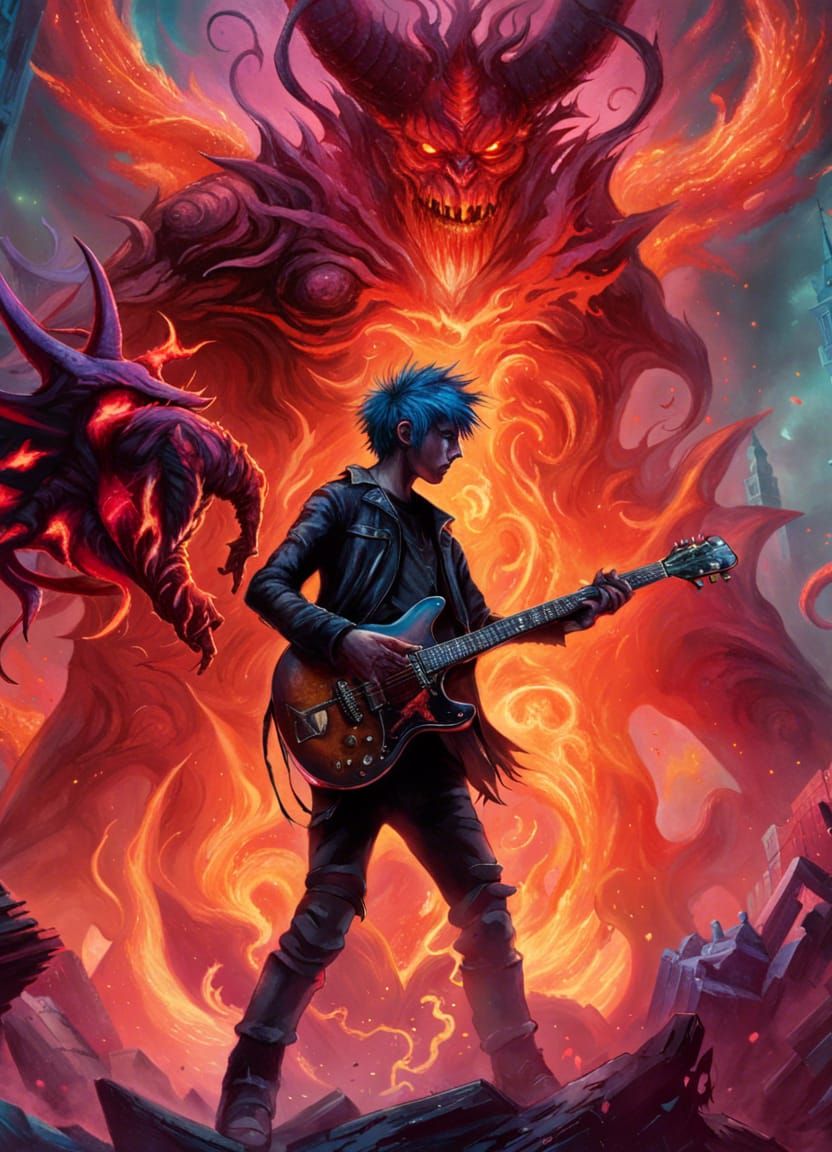 Punk Rocker vs Fire Demon in Dystopian Battle