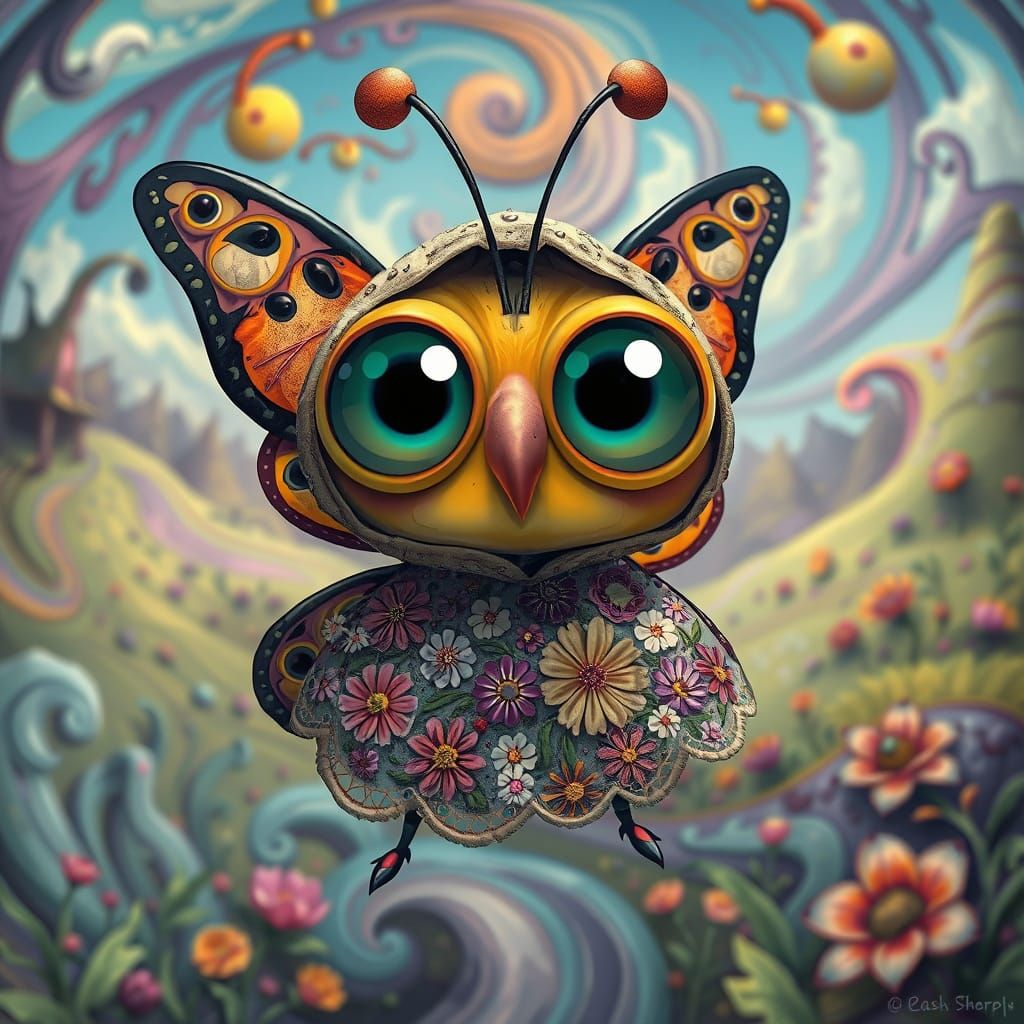 Confused Butterfly in Psychedelic Landscape, Hyperrealistic