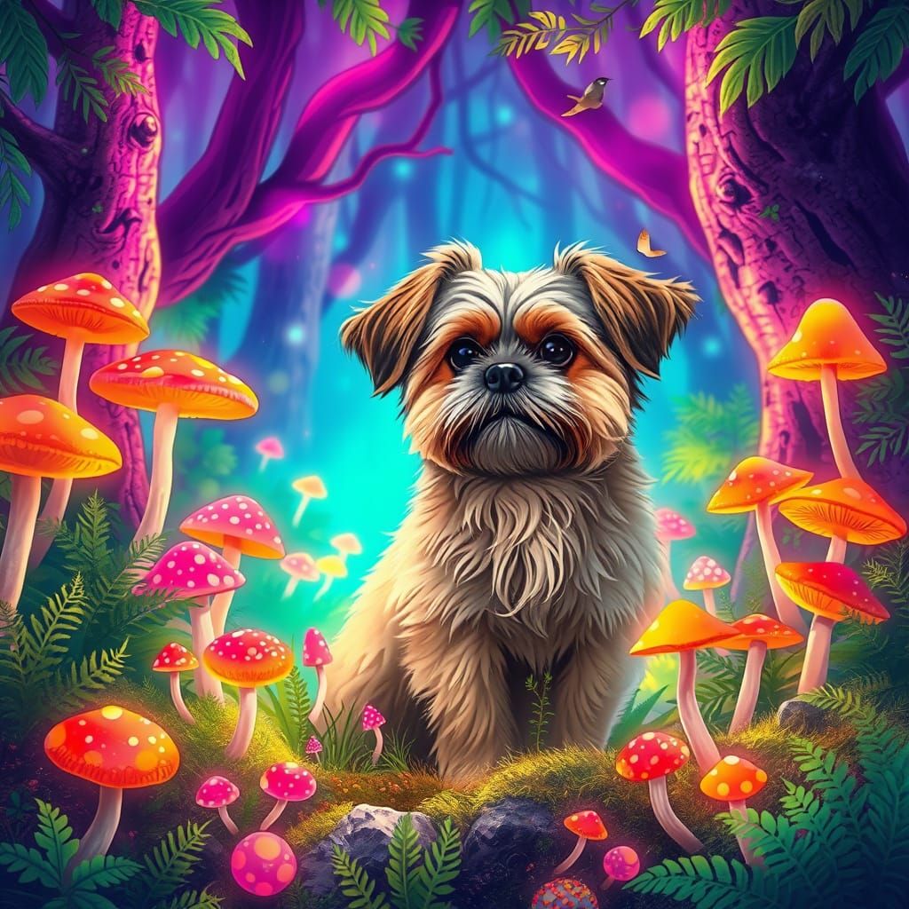 Whimsical Forest Scene with Shih Tzu-Havanese and Neon Mushr...