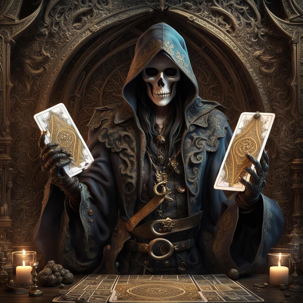 A hooded skeleton flipping cards