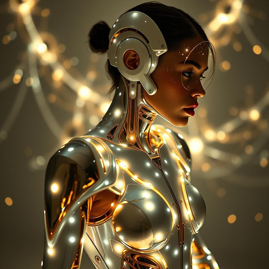 Futuristic Celestial Cyborg in White and Gold