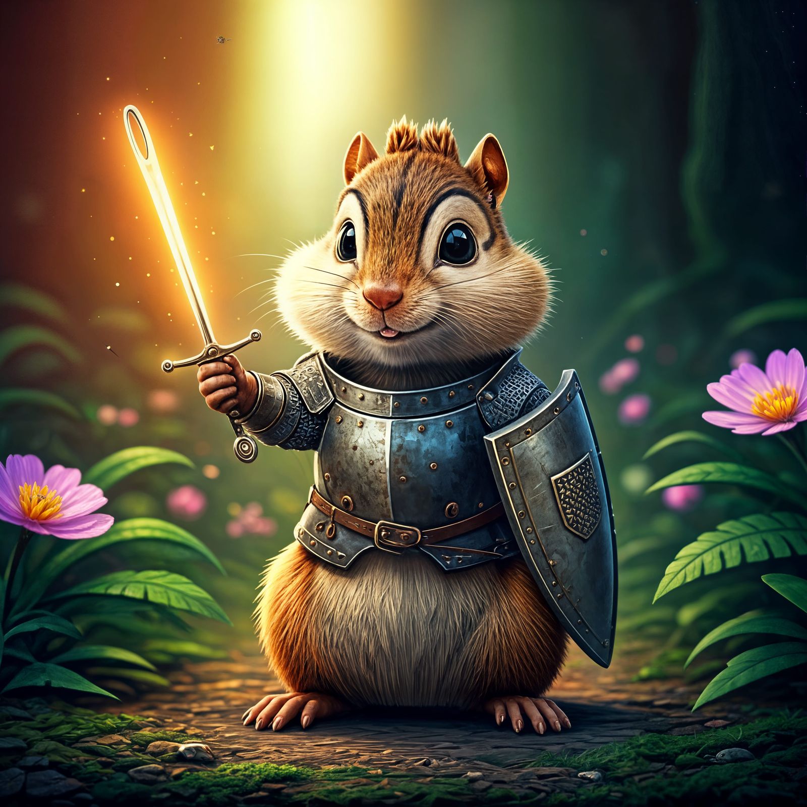 Tiny Chipmunk Knight in Vibrant Enchanted Forest