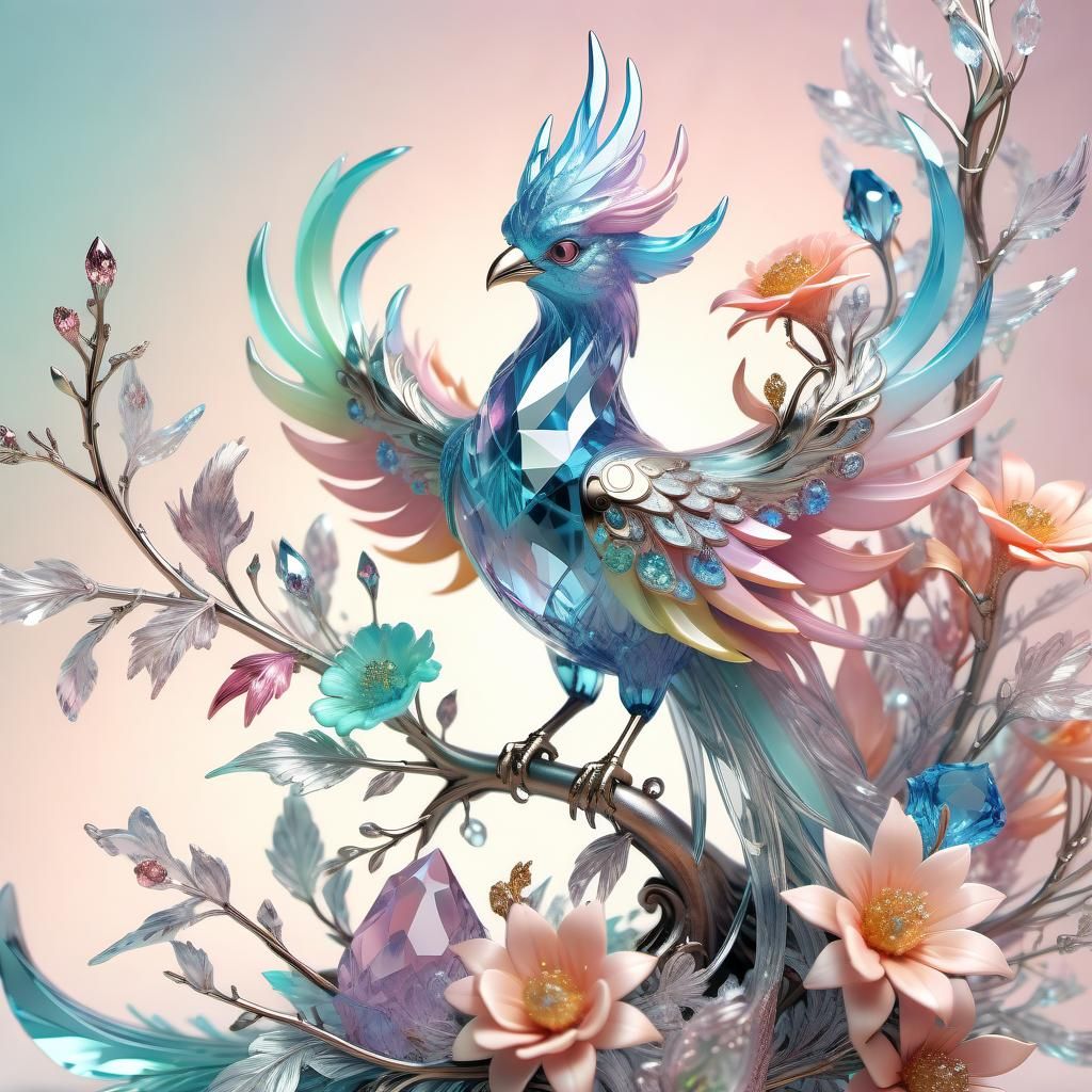 Pastel Crystal Phoenix in Hyperrealistic Fantasycore Style
