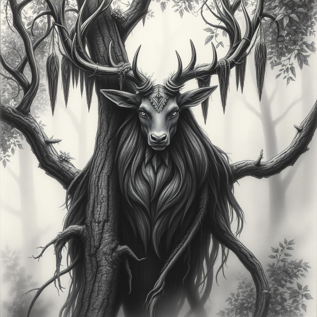 Mythical Forest Guardian in Charcoal Drawing