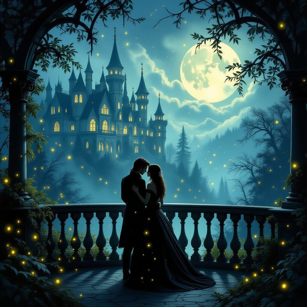 Gothic Balcony Overlooking Enchanted Forest