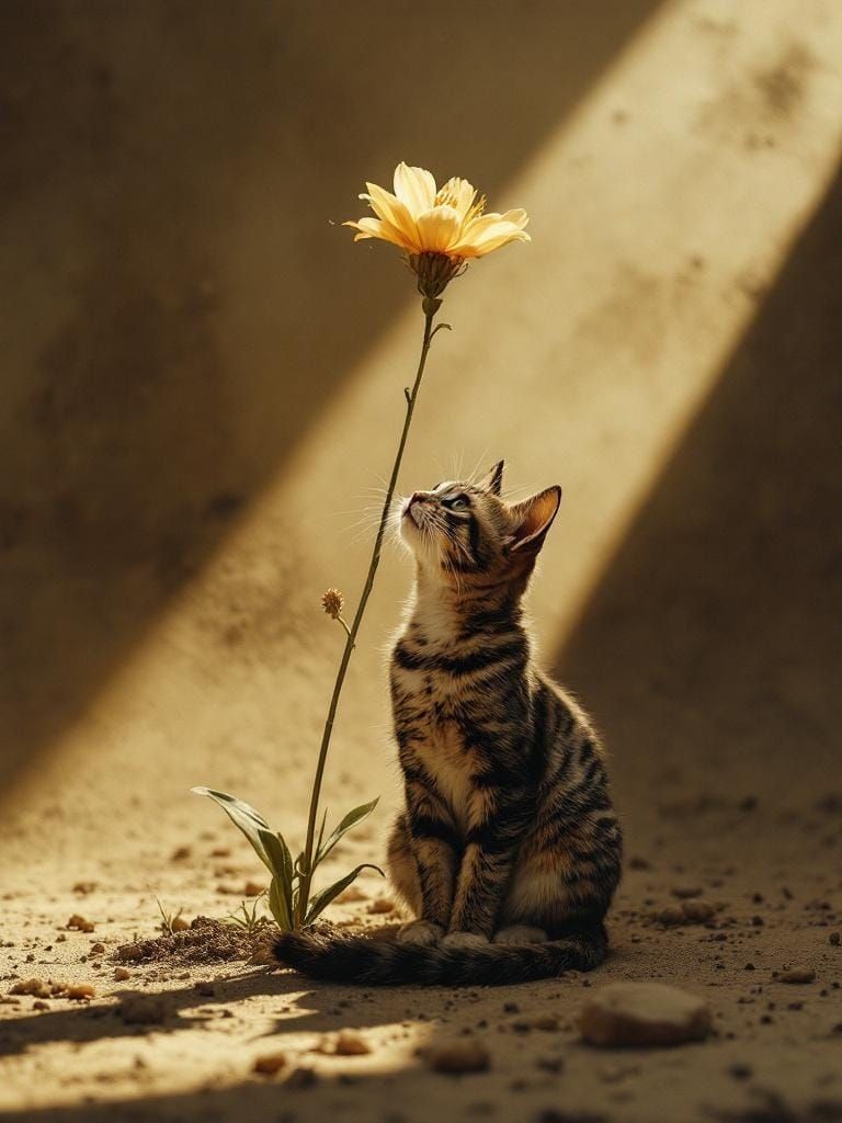 Cat Under Flower in Bleached Light