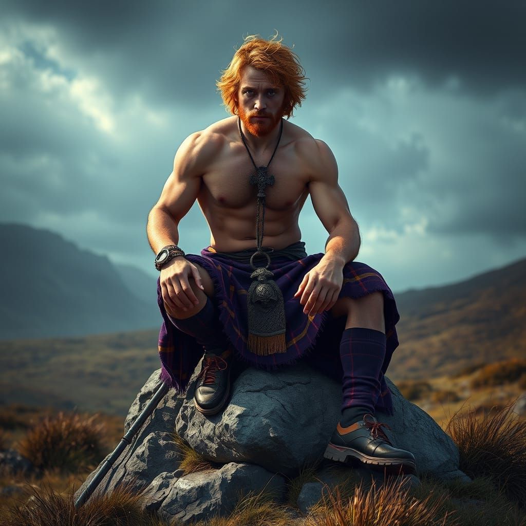 Handsome Scottish Man in Moorland, Dark Fantasy Concept Art
