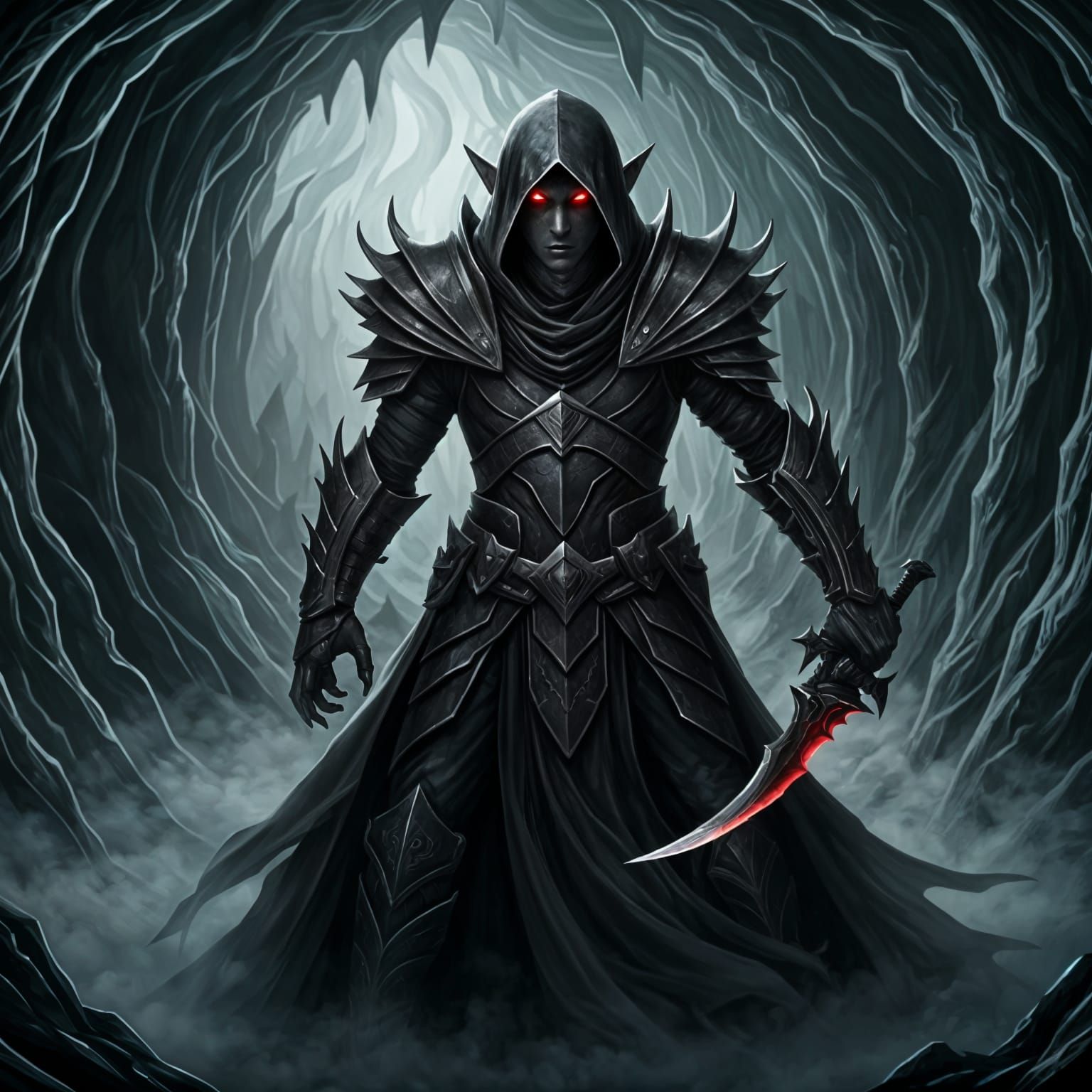 Drow Warrior in Mist-Shrouded Cavern