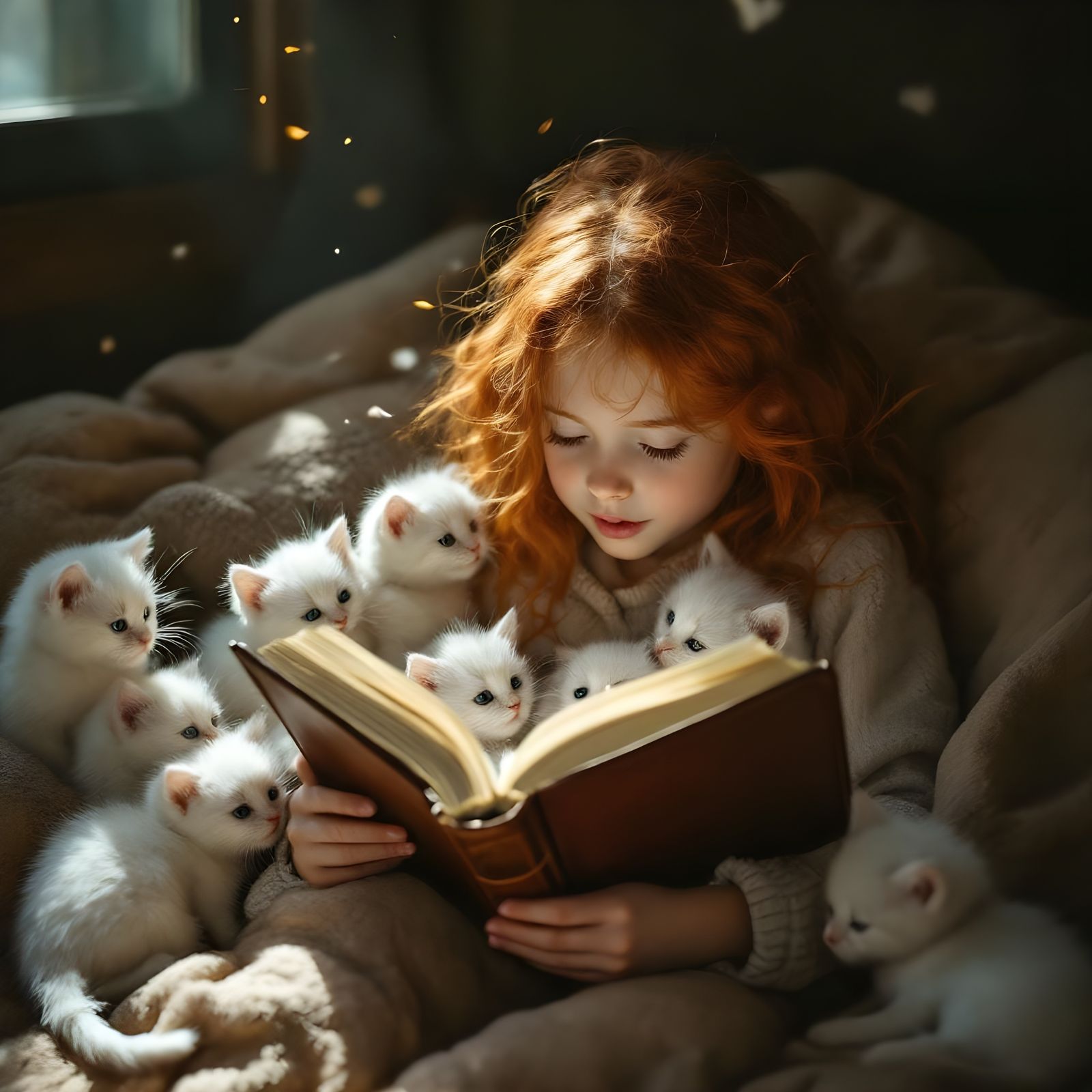 Girl Reading to Kittens in Vintage Photo Style