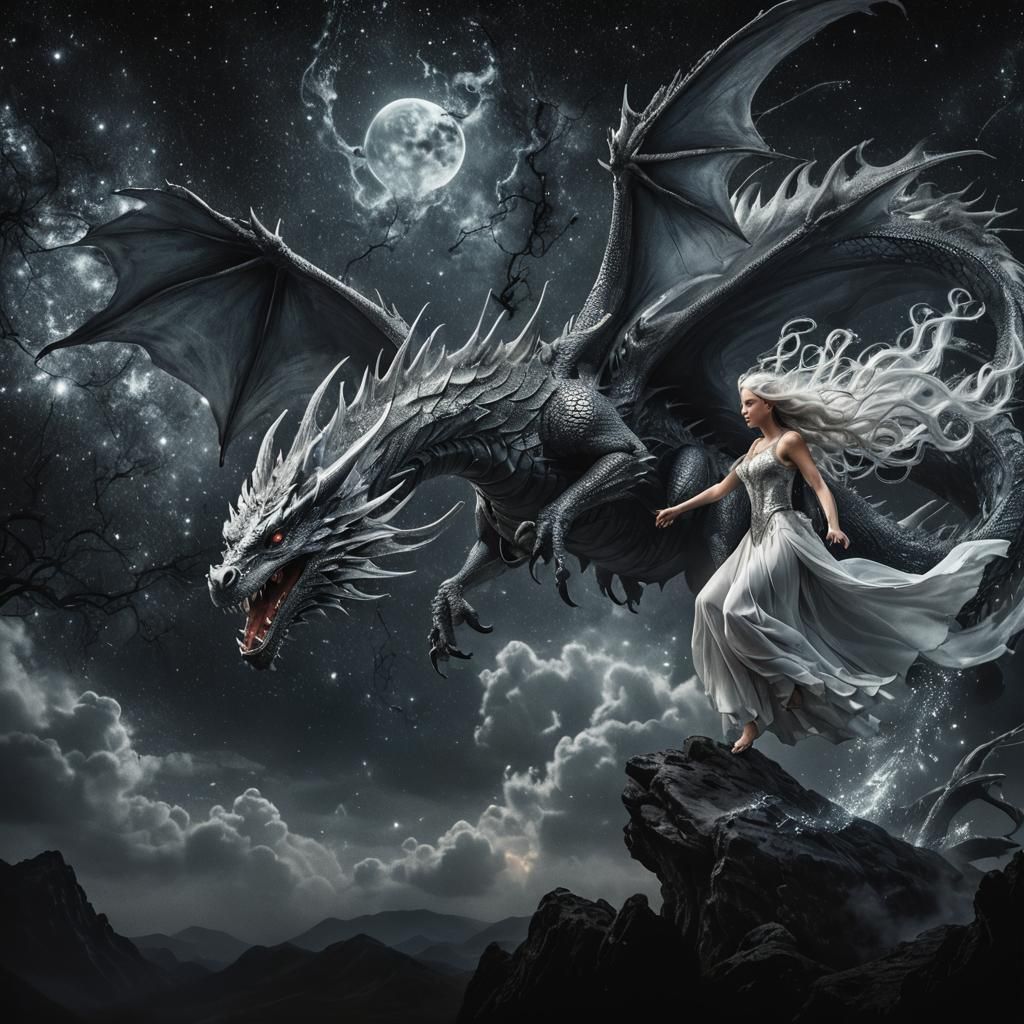 Fairy on Dragon in Mystical Night, Artistic Photography