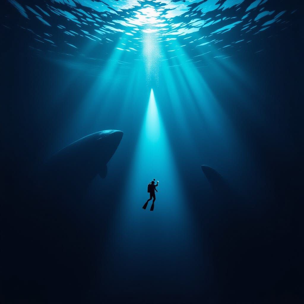 Diver's Terror Above Deep Ocean Abyss