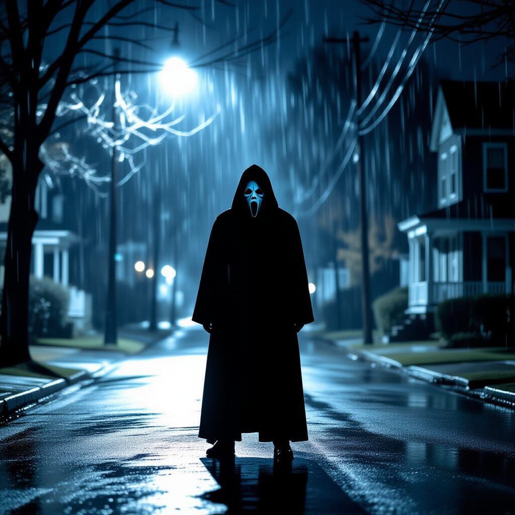 Ghostface Killer in Rainy New England Night