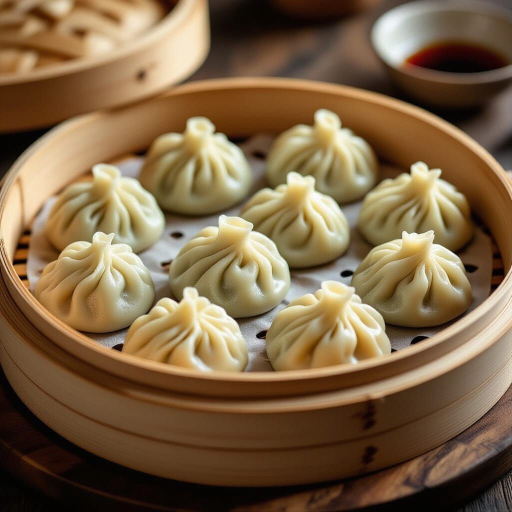 Glistening Steamed Dumplings in Rustic Steamer Basket