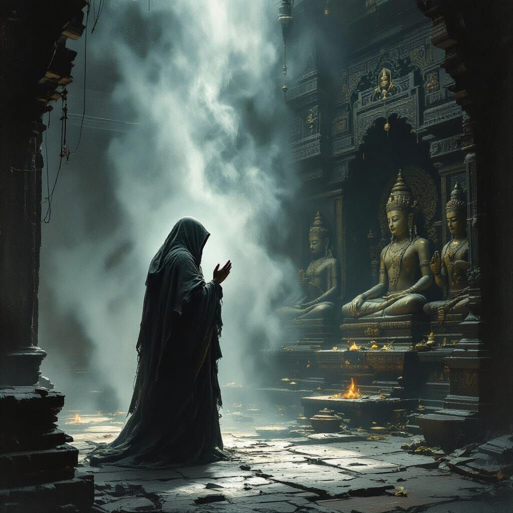 Gothic Temple: Lone Devotee Chanting in the Shadows