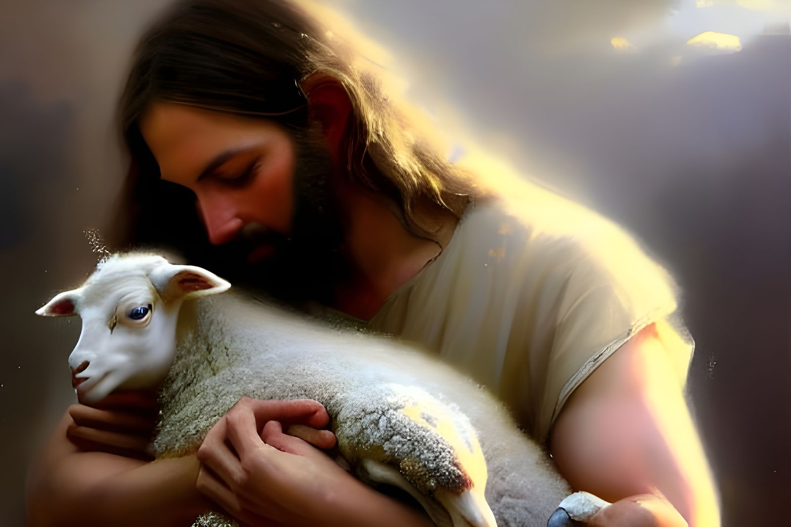 Jesus Hugging Lamb: Hyperrealistic Golden Age Portrait