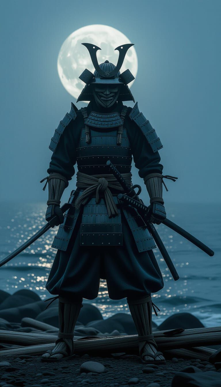 Driftwood Samurai Warrior in Foggy Coastal Mist