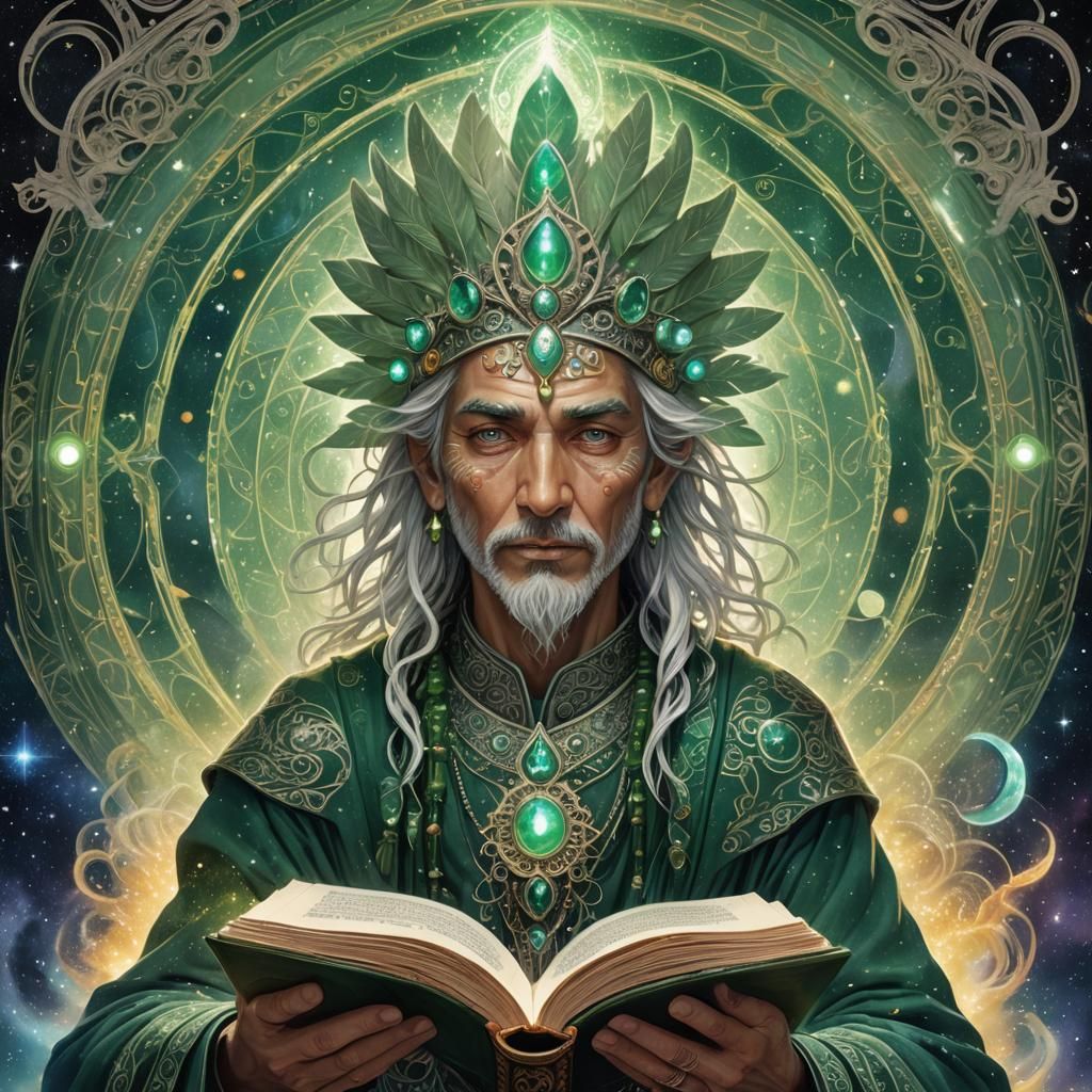 Sage Summons Astral Entity in Visionary Art Style