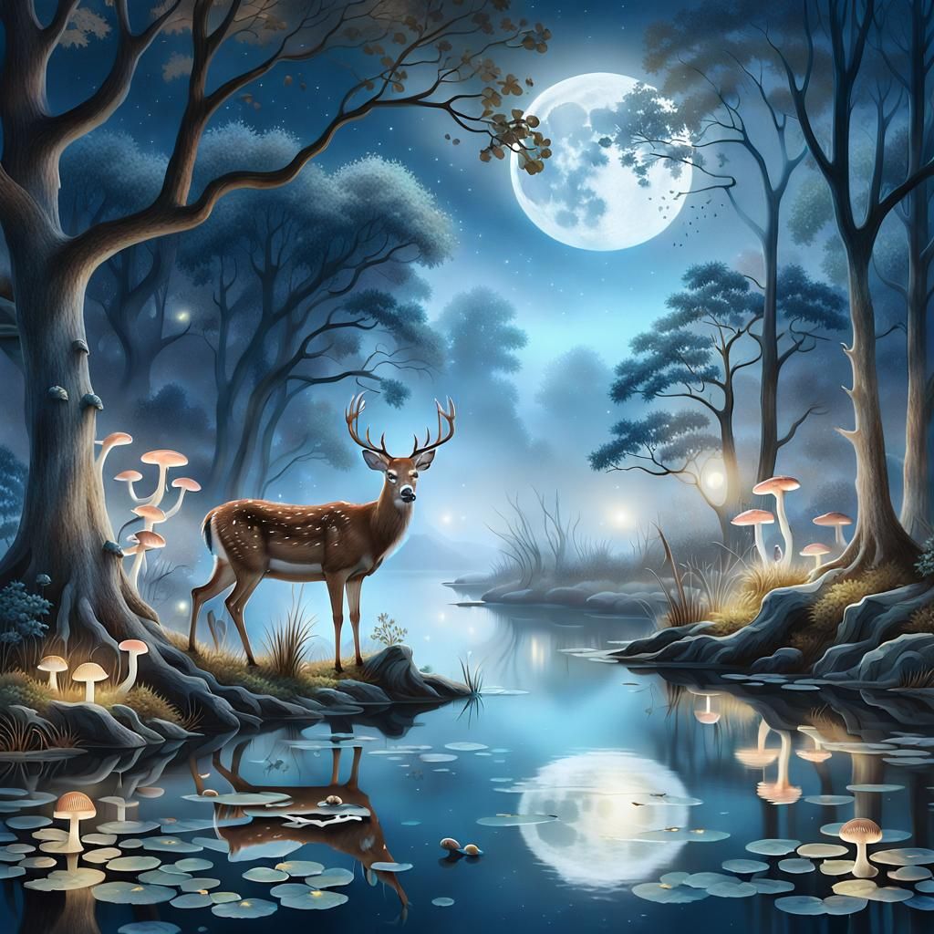 Enchanting Nocturnal Deer Landscape in Moonlight