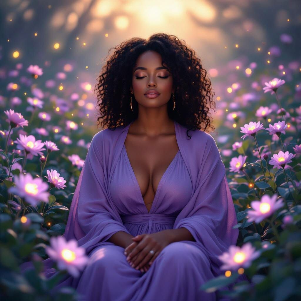 Serene Woman in Lavender Robes Amidst Bioluminescent Flowers