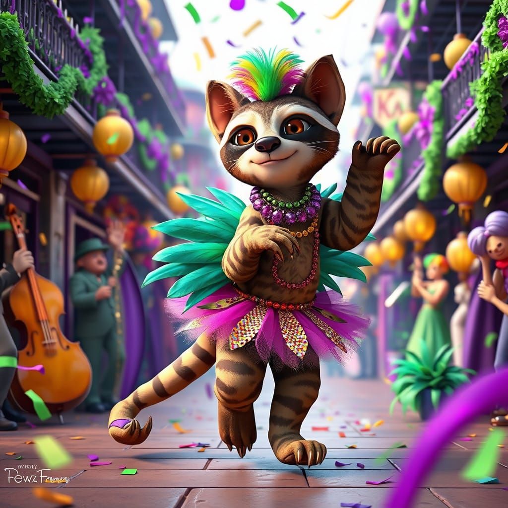 Whimsical Ocelot in Mardi Gras Sloth Costume