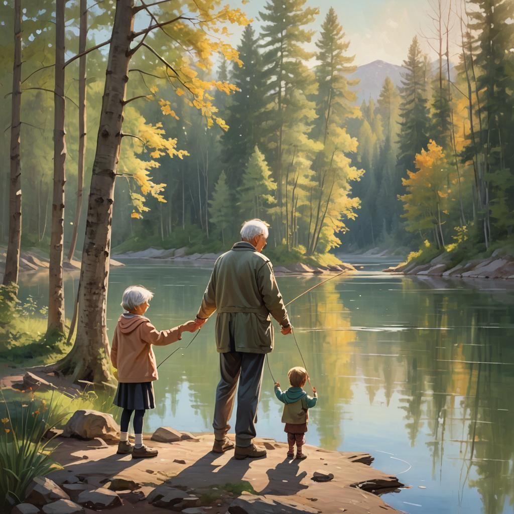 Grandparent and Child Fishing, Oil Painting Style