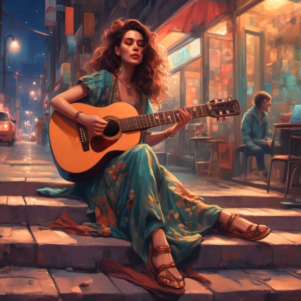A serene female guitar player sitting on the street at night...