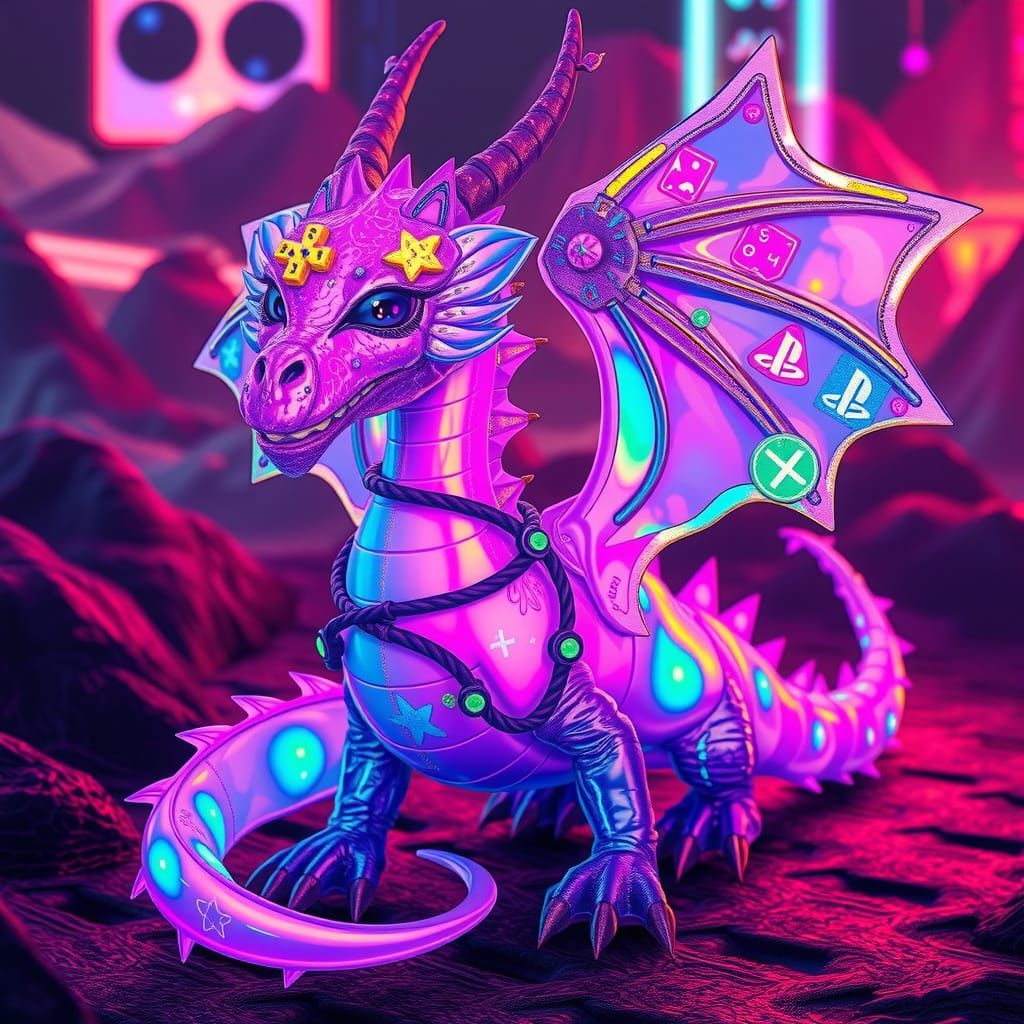 Neon Dragon with Holographic Stickers in Cyberpunk World