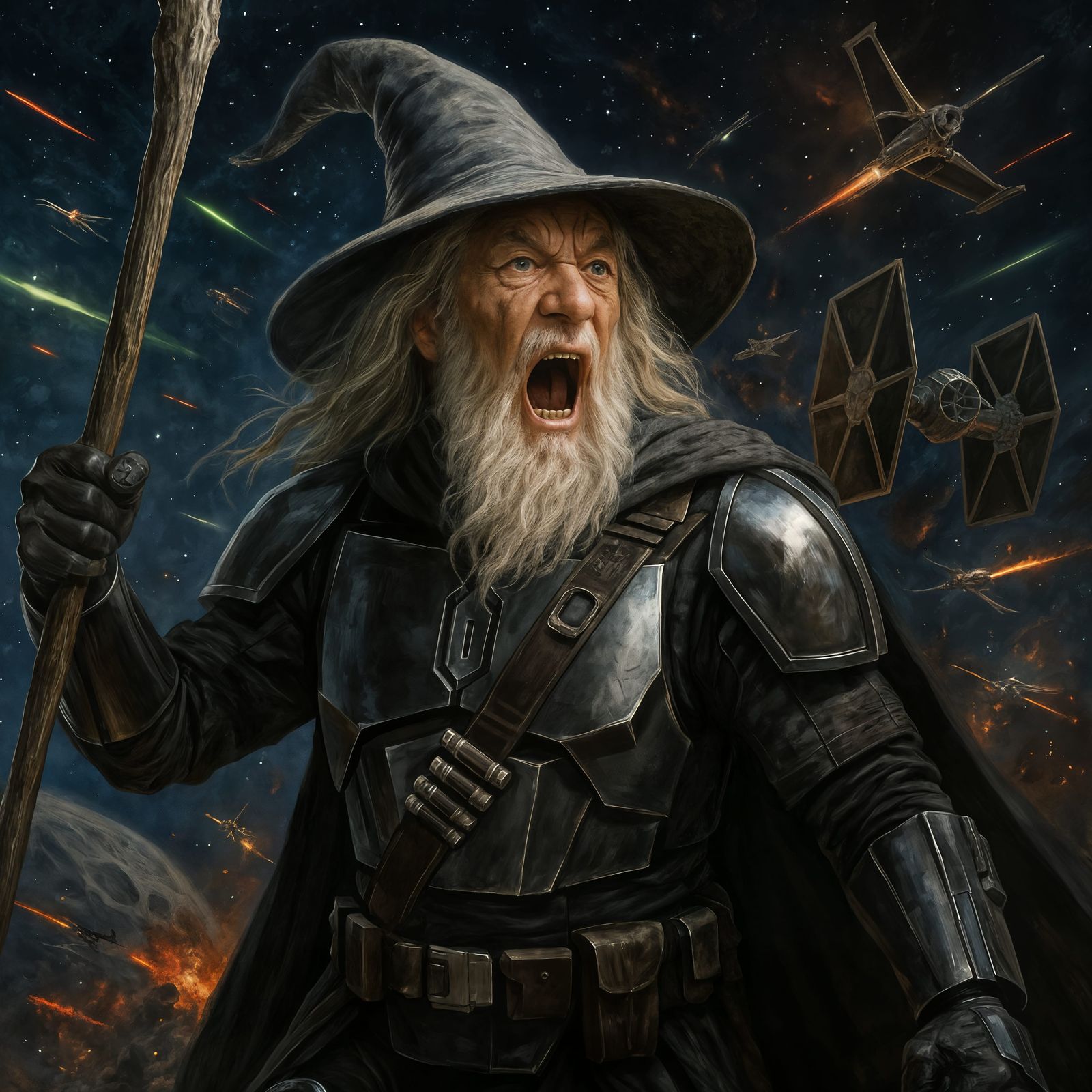Gandalf as Mandalorian Warrior in Space Battle