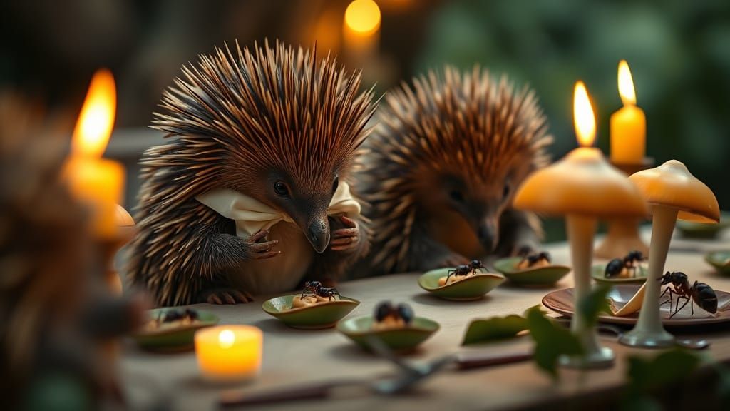 Whimsical Echidnas Enjoy Woodland Feast