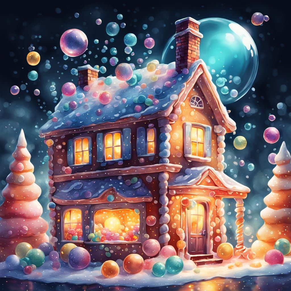 Whimsical Candy Workshop with Bubbles, Watercolor Style