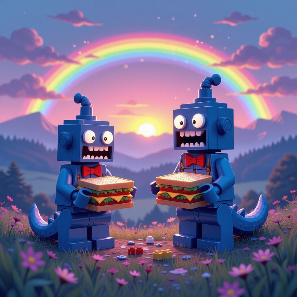Lego Monsters Making Sandwiches in a Colorful Landscape