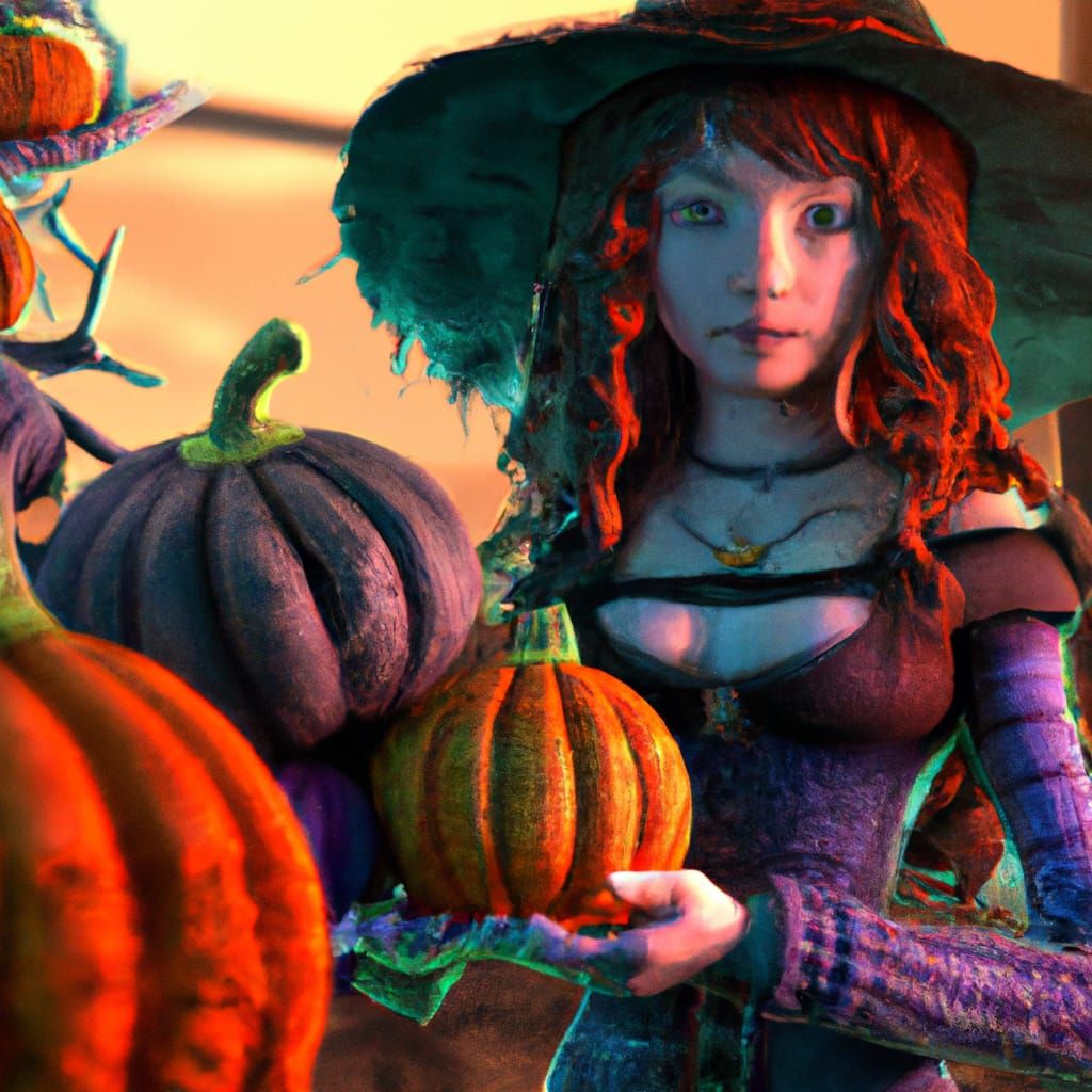 Young Witch with Pumpkins: 3D Digital Art