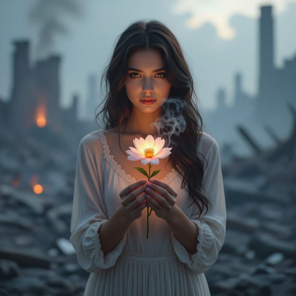 Resilience Amidst Ashes: Woman Holds Blooming Flower