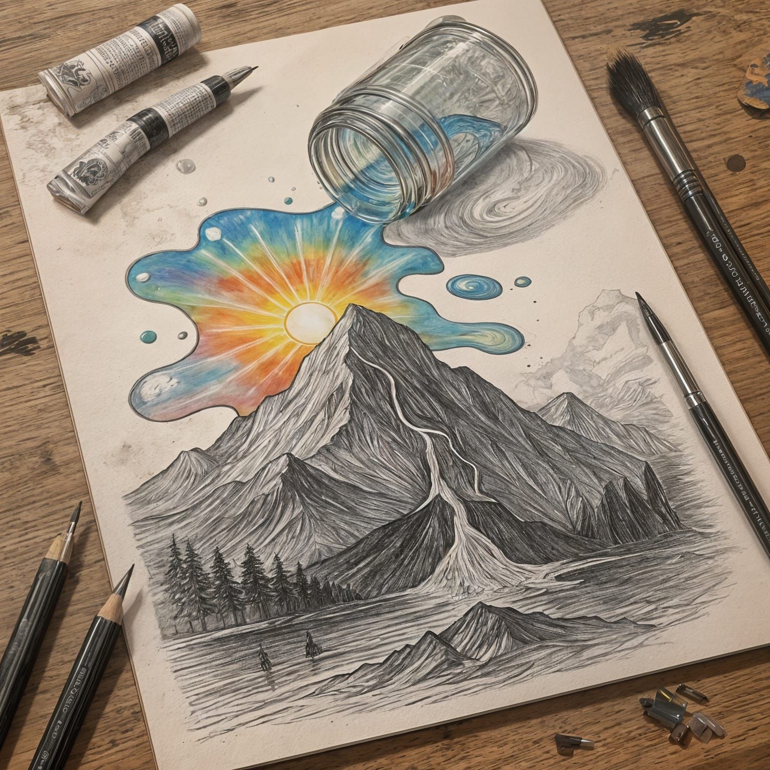 Vibrant Monochrome Sunrise Amidst Art Supplies