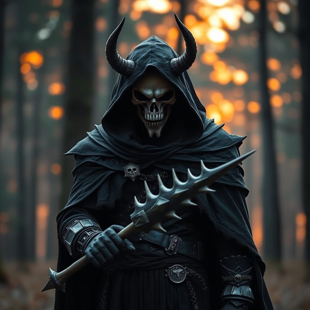 Dark Fantasy Figure in Fiery Sunset Forest