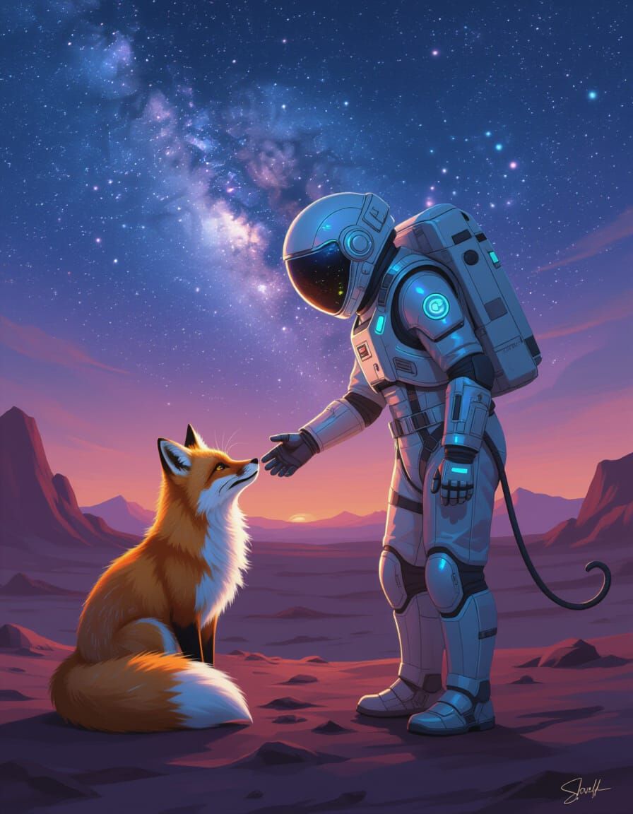Astronaut and Bioluminescent Fox on Alien Planet