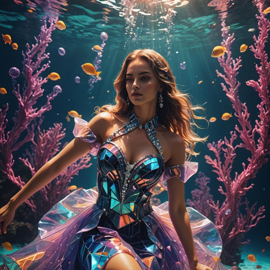 Underwater Model in Synthwave Sapphire Dress