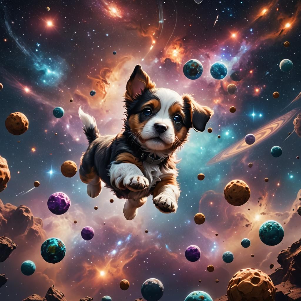 Cute Puppy Floating in Space: Detailed Digital Art