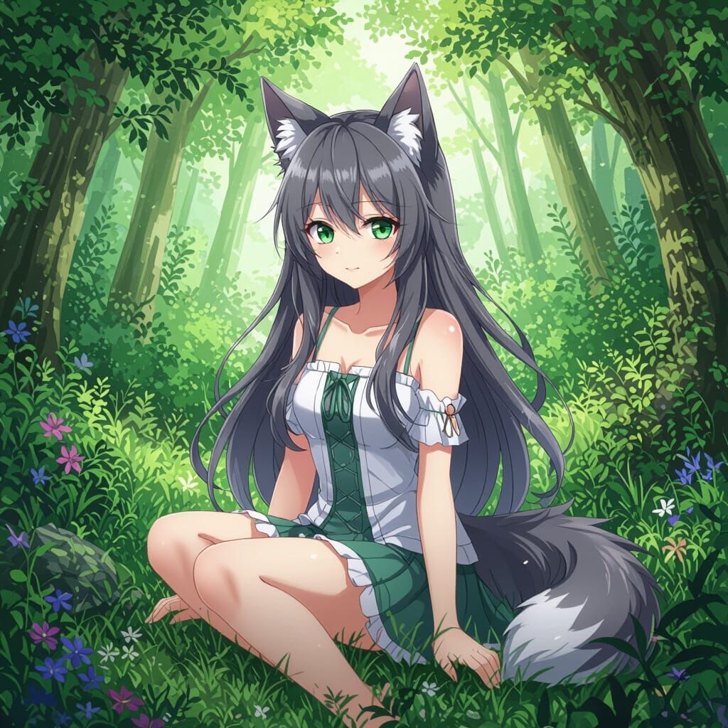 Anime Girl with Wolf Features in Forest